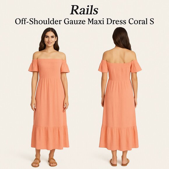 Rails Off-Shoulder Gauze Maxi Dress Coral S - Picture 1 of 13